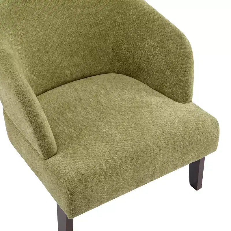Poltrona moderna con schienale rotondo e gambe in legno, rivestimento in morbido tessuto, per soggiorno o ufficio