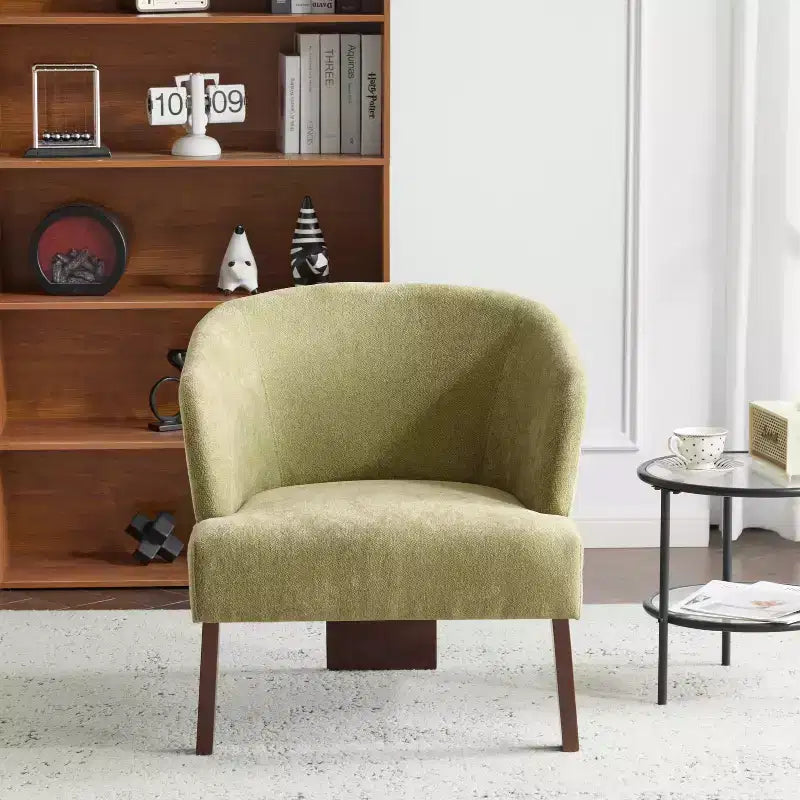Poltrona moderna con schienale rotondo e gambe in legno, rivestimento in morbido tessuto, per soggiorno o ufficio
