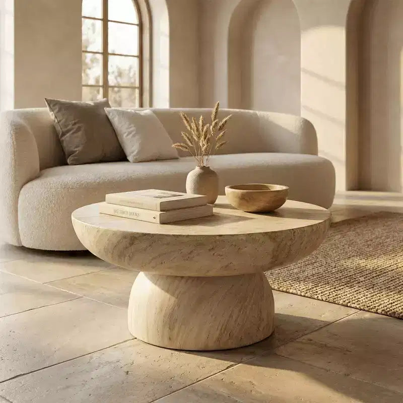 Tavolino da caffè rotondo in pietra ricostituita, tavolino decorativo con piedistallo per interni o esterni, design scolpito con piedini antiscivolo