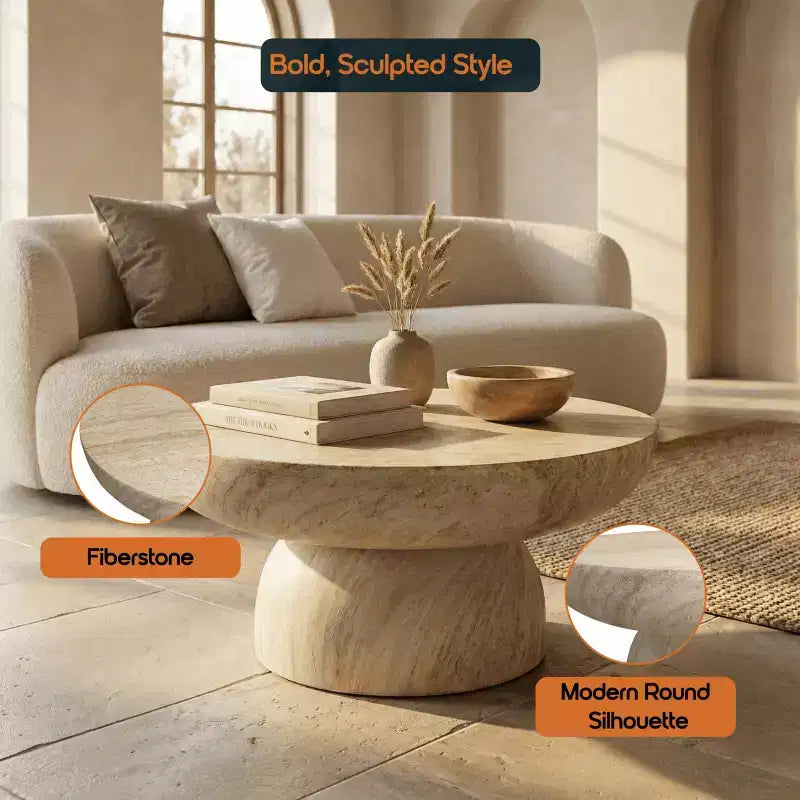 Round Coffee Table  Fiberstone Pedestal Accent Table for Indoor or Outdoor Use, Sculpted Design with Anti-Slip Foot Pads