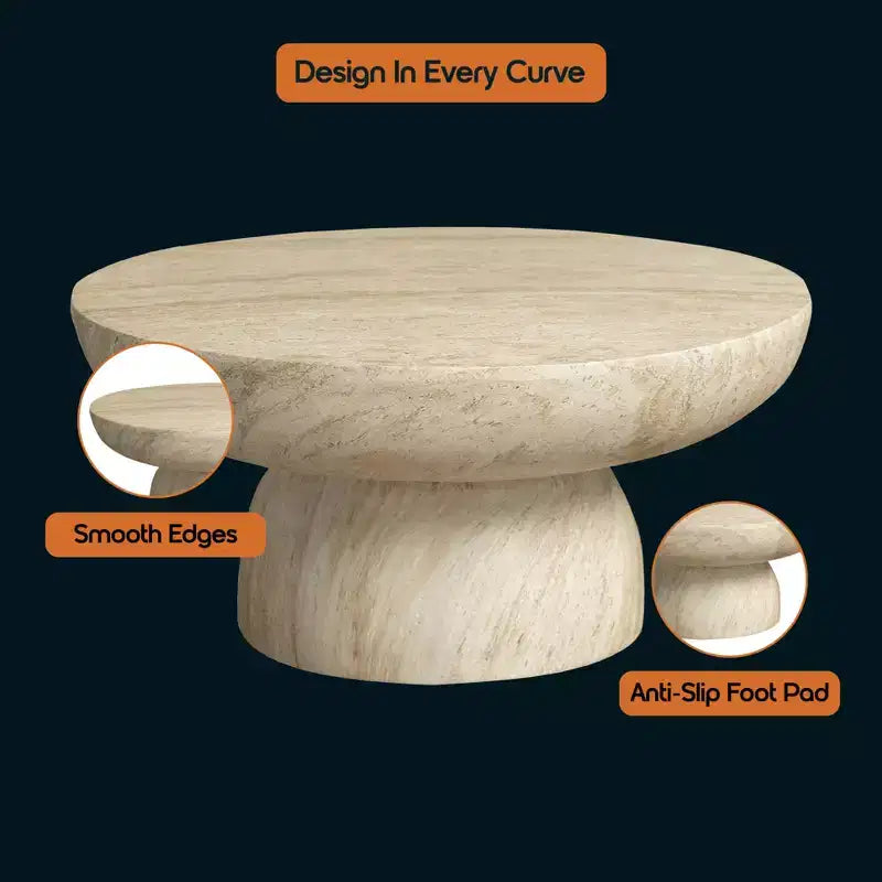 Round Coffee Table  Fiberstone Pedestal Accent Table for Indoor or Outdoor Use, Sculpted Design with Anti-Slip Foot Pads