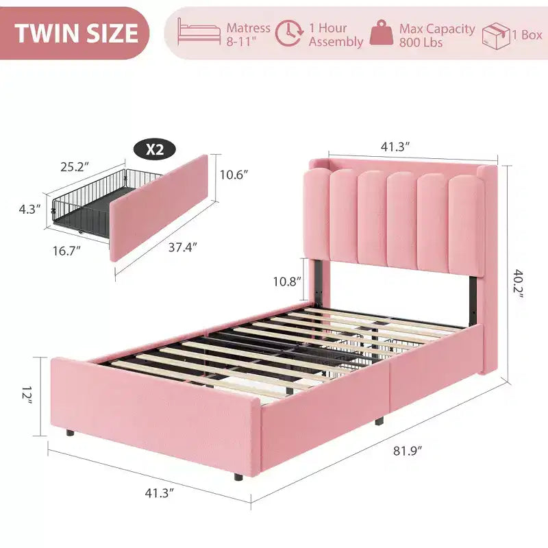 Upholstered Platform Bed Frame Storage Headboard & Drawers, Strong Wood Slats, Noise-Free Metal Frame, Heavy Duty, Easy Assembly,