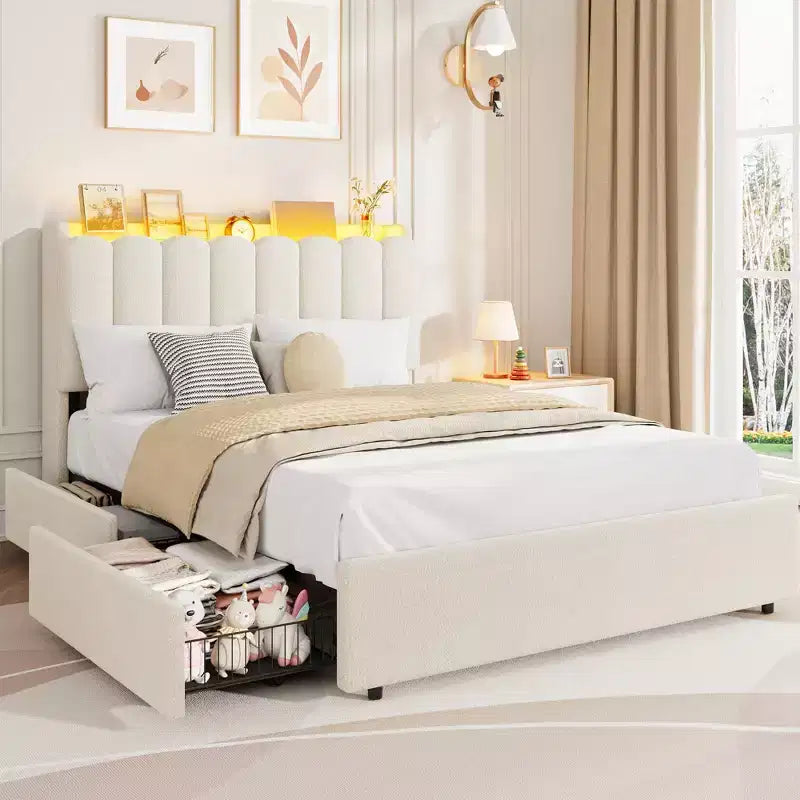 Upholstered Platform Bed Frame Storage Headboard & Drawers, Strong Wood Slats, Noise-Free Metal Frame, Heavy Duty, Easy Assembly,