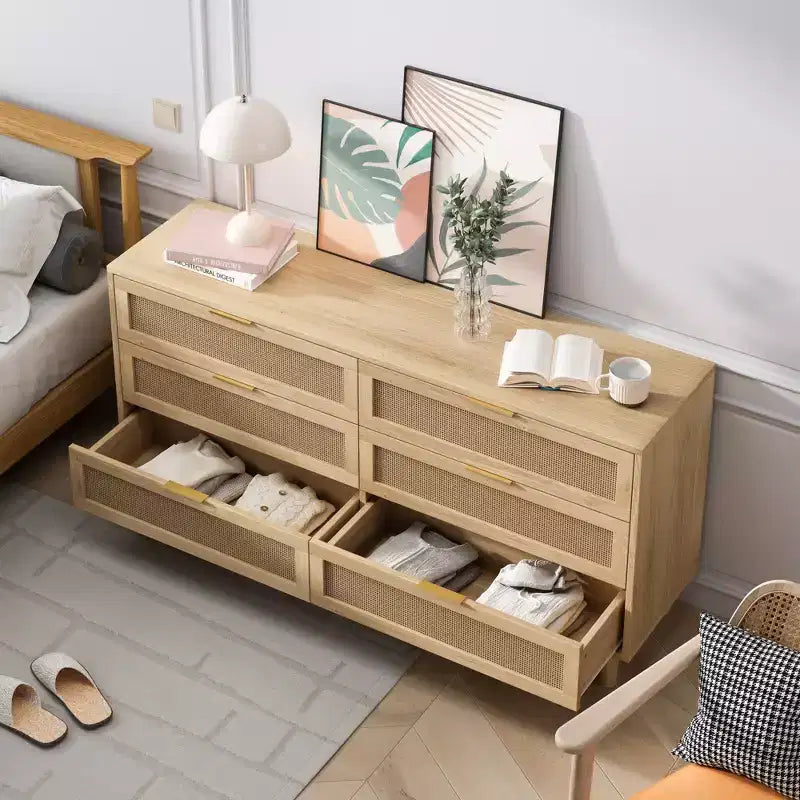 59.06-Inch 6-Drawer Rattan Storage Cabinet, Featuring White Drawer Slides; Ideal for Bedroom Use, Offering Ample Storage Space with a Natural Style.