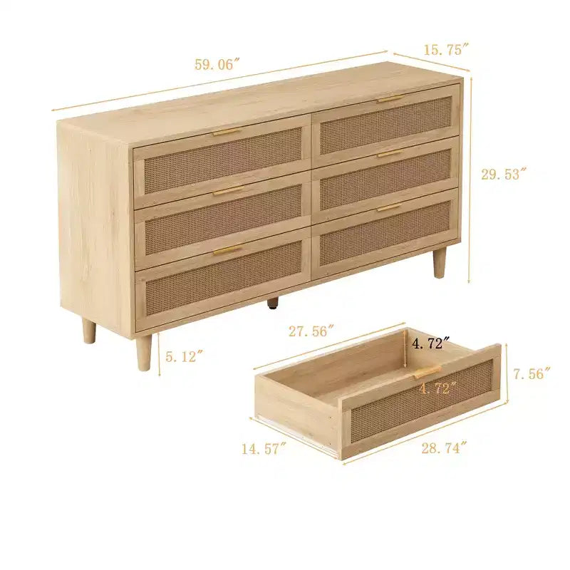 59.06-Inch 6-Drawer Rattan Storage Cabinet, Featuring White Drawer Slides; Ideal for Bedroom Use, Offering Ample Storage Space with a Natural Style.