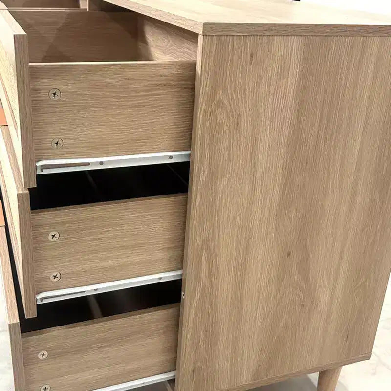 59.06-Inch 6-Drawer Rattan Storage Cabinet, Featuring White Drawer Slides; Ideal for Bedroom Use, Offering Ample Storage Space with a Natural Style.
