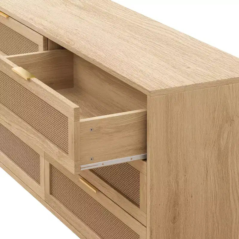 59.06-Inch 6-Drawer Rattan Storage Cabinet, Featuring White Drawer Slides; Ideal for Bedroom Use, Offering Ample Storage Space with a Natural Style.