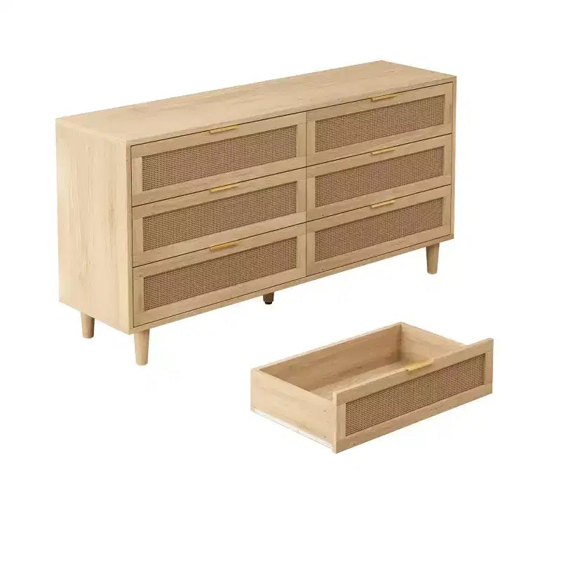 59.06-Inch 6-Drawer Rattan Storage Cabinet, Featuring White Drawer Slides; Ideal for Bedroom Use, Offering Ample Storage Space with a Natural Style.