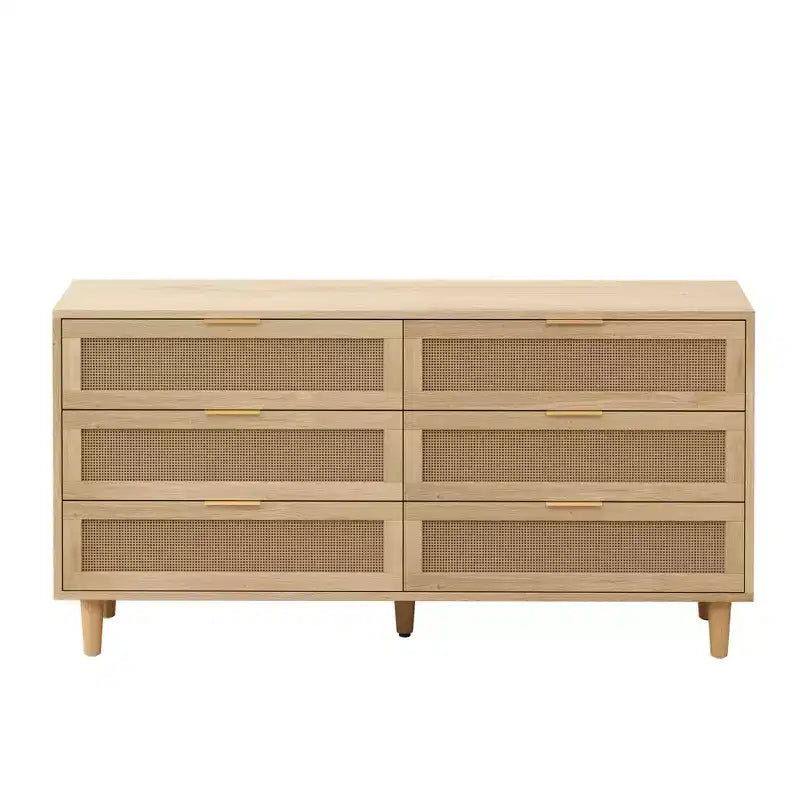 59.06-Inch 6-Drawer Rattan Storage Cabinet, Featuring White Drawer Slides; Ideal for Bedroom Use, Offering Ample Storage Space with a Natural Style.
