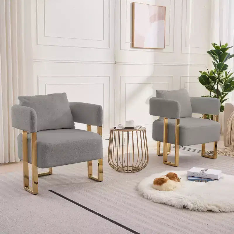 Modern Accent Chairs Set of 2 with Teddy Fleece Upholstered & Gold Metal Legs