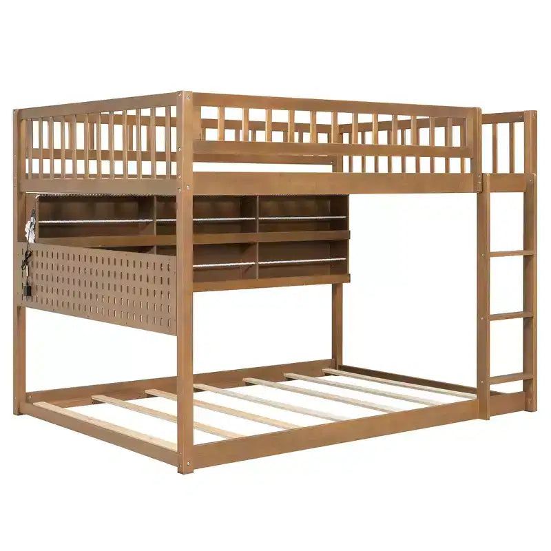 Full Over Full Modern Low Bunk Bed With Storage Lighted Shelves And Pegboard