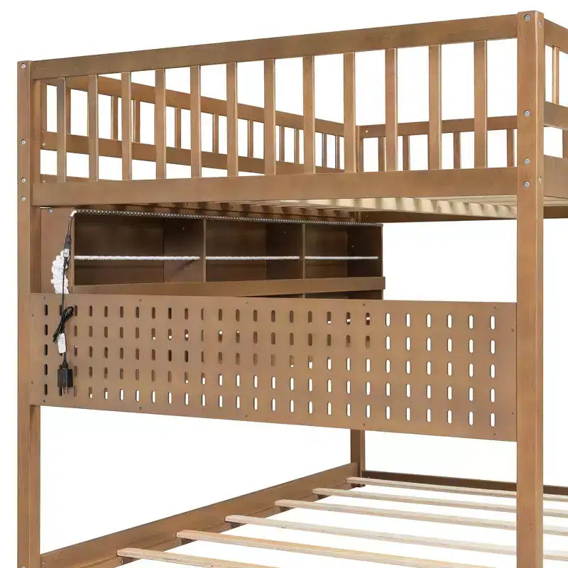 Full Over Full Modern Low Bunk Bed With Storage Lighted Shelves And Pegboard