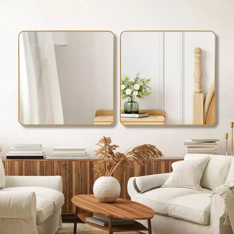 Kwadratowe lustro łazienkowe w metalowej ramie do zawieszenia na ścianie