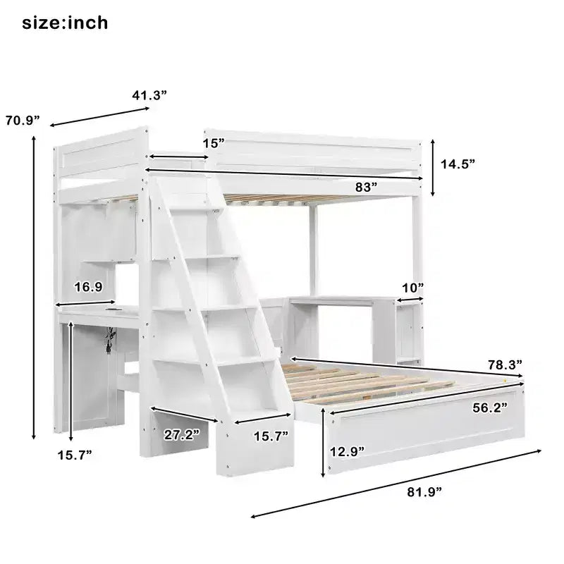 Twin XL Over Full Bed & Bed Frame with Desk and USB