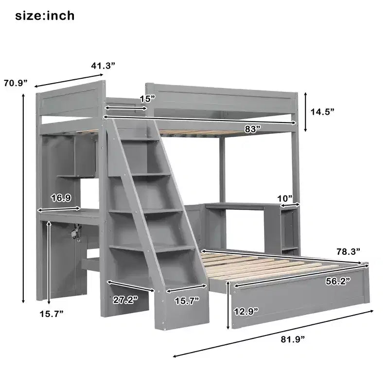 Twin XL Over Full Bed & Bed Frame with Desk and USB