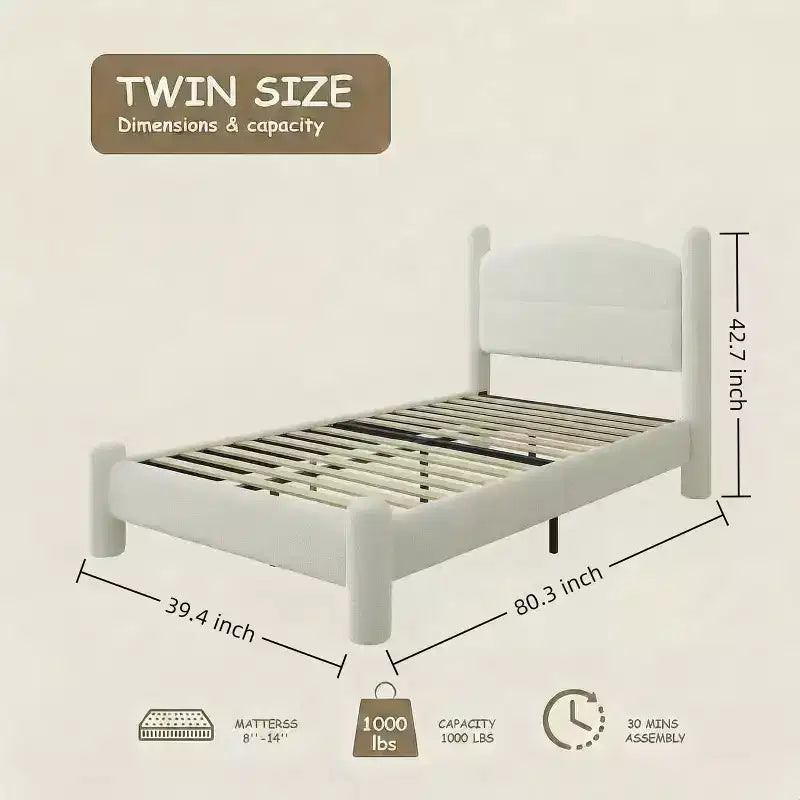 Rama łóżka typu king size z tkaniny bouclé i zagłówkiem, tapicerowana, z zaokrąglonymi narożnikami, nie wymaga stelaża sprężynowego, łatwy montaż