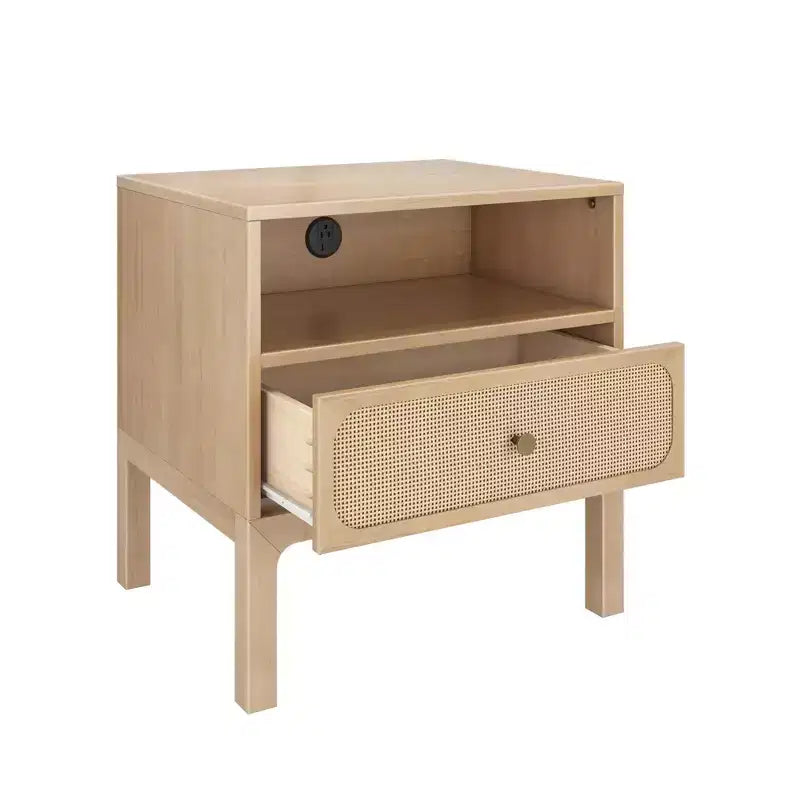 Rattan Cubby Nightstand with 1 Drawer, Electrical Outlet and Brass Knob