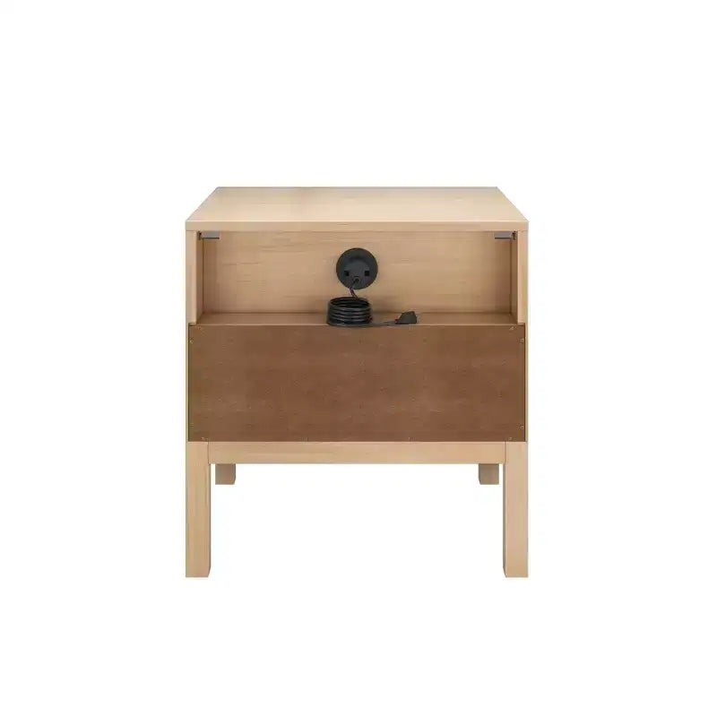 Rattan Cubby Nightstand with 1 Drawer, Electrical Outlet and Brass Knob