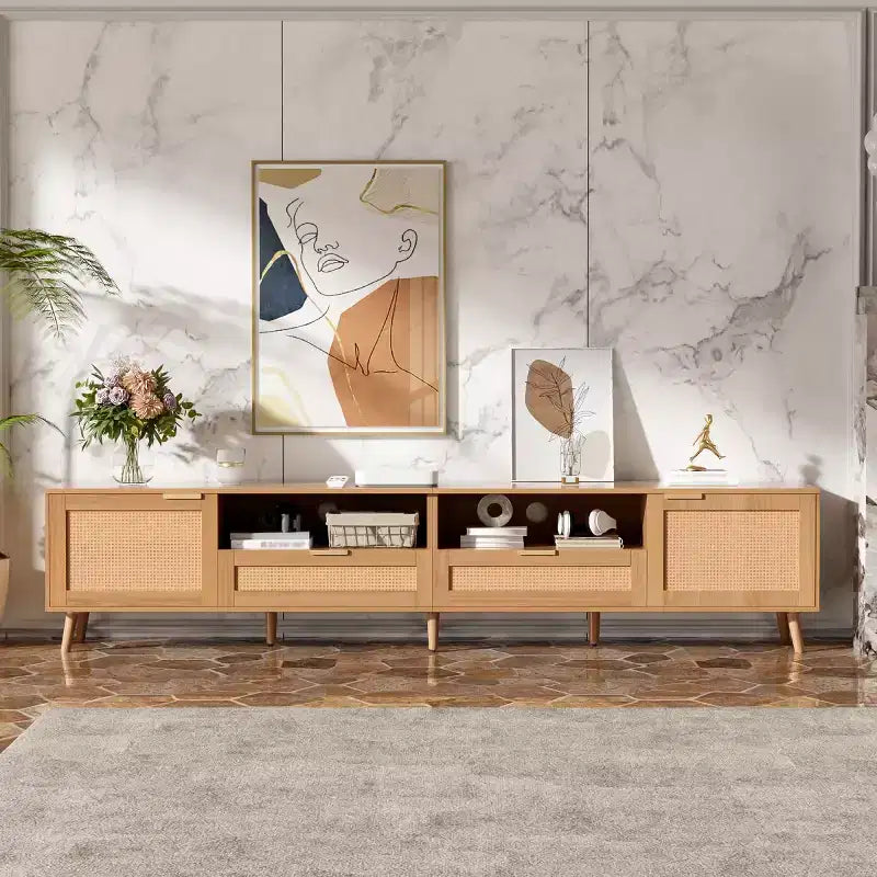 Rattan TV Stand for TVs up to 90, Boho Farmhouse Media Console Table with Storage Cabinets, Entertainment Center for Living Room