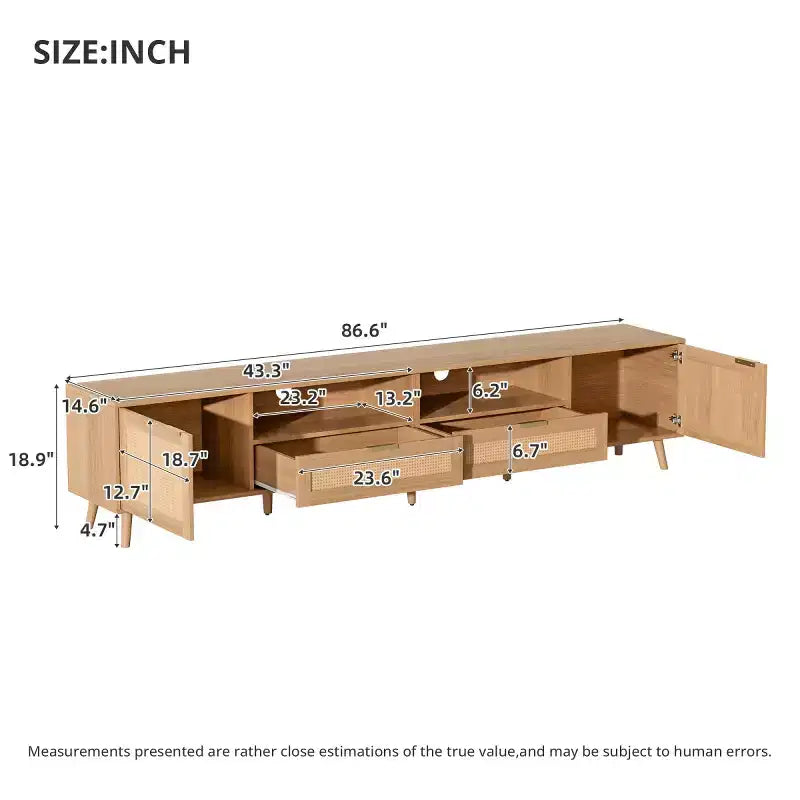 Rattan TV Stand for TVs up to 90, Boho Farmhouse Media Console Table with Storage Cabinets, Entertainment Center for Living Room