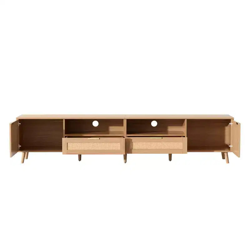 Rattan TV Stand for TVs up to 90, Boho Farmhouse Media Console Table with Storage Cabinets, Entertainment Center for Living Room
