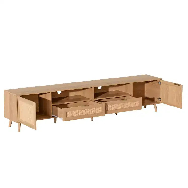Rattan TV Stand for TVs up to 90, Boho Farmhouse Media Console Table with Storage Cabinets, Entertainment Center for Living Room