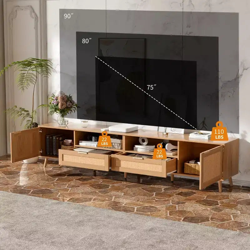 Rattan TV Stand for TVs up to 90, Boho Farmhouse Media Console Table with Storage Cabinets, Entertainment Center for Living Room