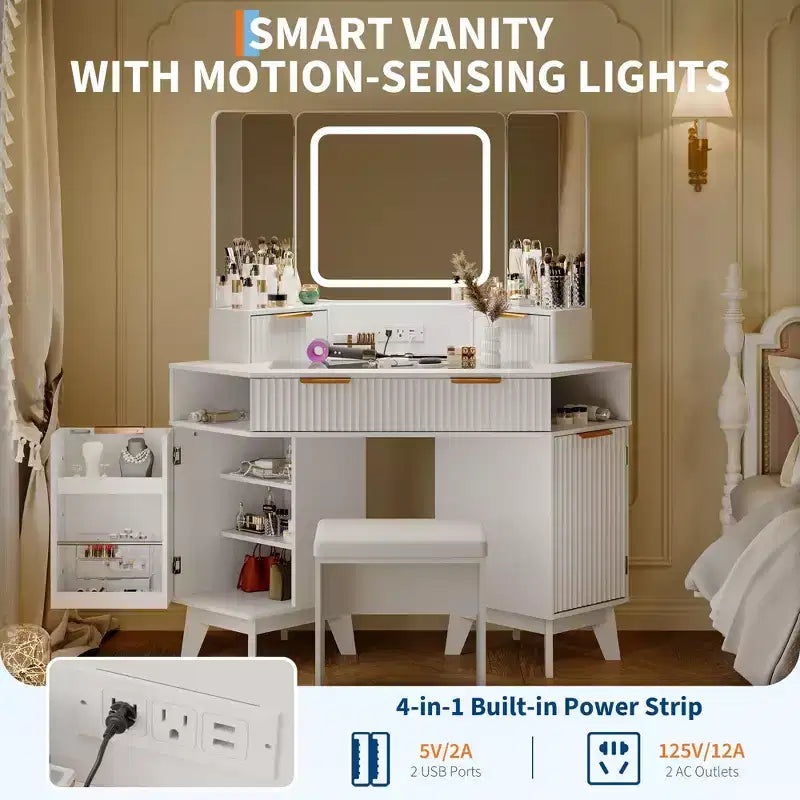 Toeletta angolare con luci, tavolo da toilette in legno da 47 con specchio a tre ante e piano in vetro, con sgabello, per camera da letto