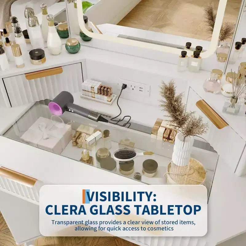 Toeletta angolare con luci, tavolo da toilette in legno da 47 con specchio a tre ante e piano in vetro, con sgabello, per camera da letto