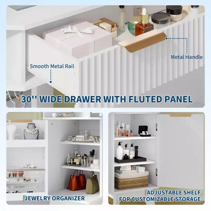 Toeletta angolare con luci, tavolo da toilette in legno da 47 con specchio a tre ante e piano in vetro, con sgabello, per camera da letto