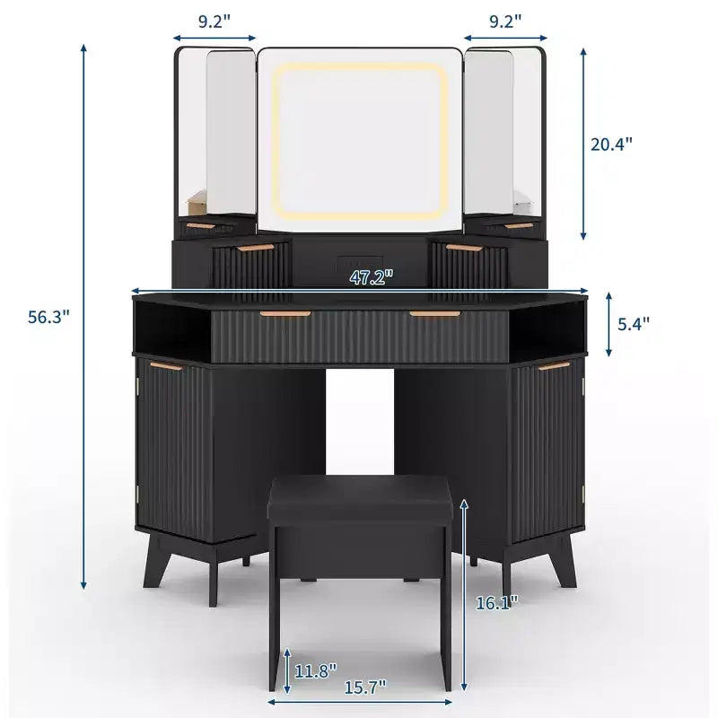 Toeletta angolare con luci, tavolo da toilette in legno da 47 con specchio a tre ante e piano in vetro, con sgabello, per camera da letto