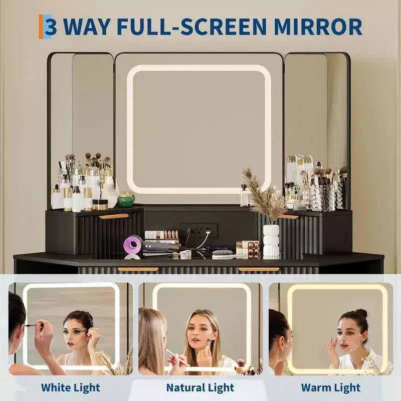 Corner Makeup Vanity Desk with Lights, 47 Wooden Dressing Table with Tri-Fold Mirror & Glass Top, Vanity Table with Stool for Bedroom