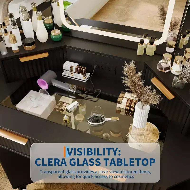 Corner Makeup Vanity Desk with Lights, 47 Wooden Dressing Table with Tri-Fold Mirror & Glass Top, Vanity Table with Stool for Bedroom