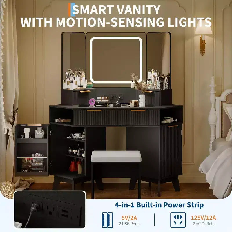Corner Makeup Vanity Desk with Lights, 47 Wooden Dressing Table with Tri-Fold Mirror & Glass Top, Vanity Table with Stool for Bedroom