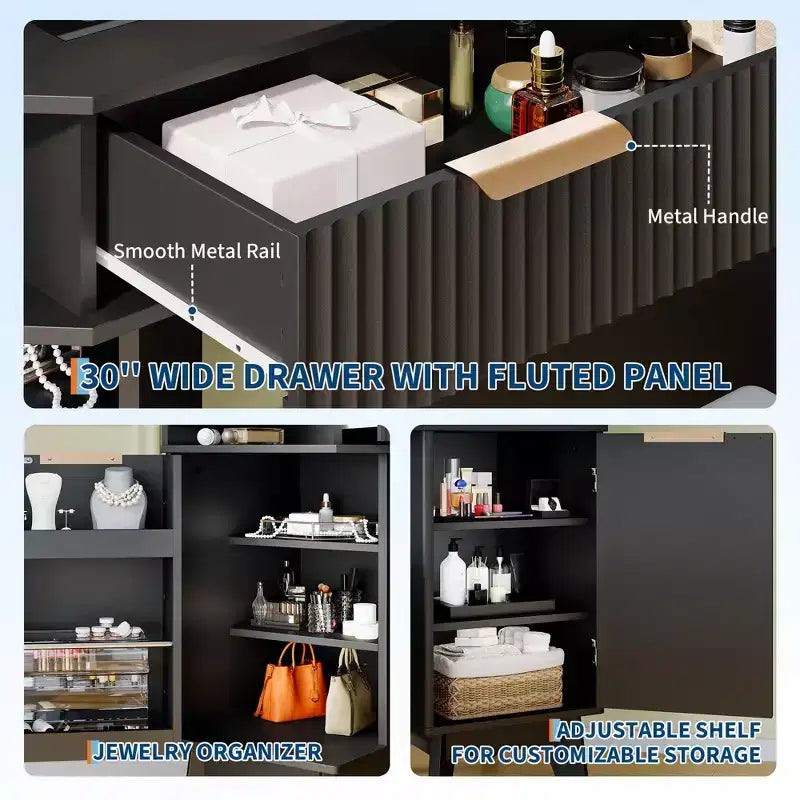 Toeletta angolare con luci, tavolo da toilette in legno da 47 con specchio a tre ante e piano in vetro, con sgabello, per camera da letto