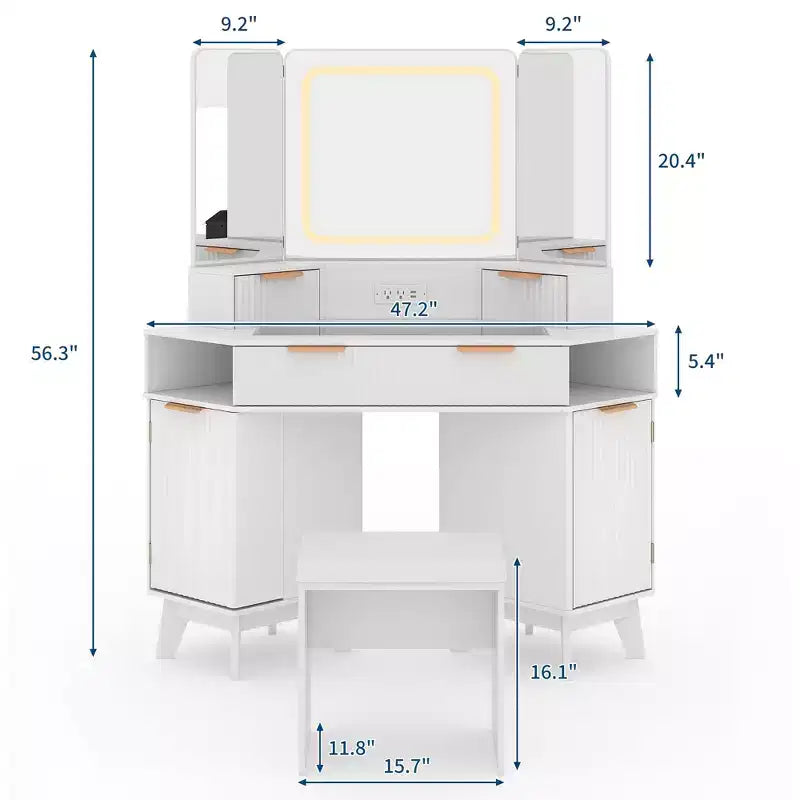 Toeletta angolare con luci, tavolo da toilette in legno da 47 con specchio a tre ante e piano in vetro, con sgabello, per camera da letto