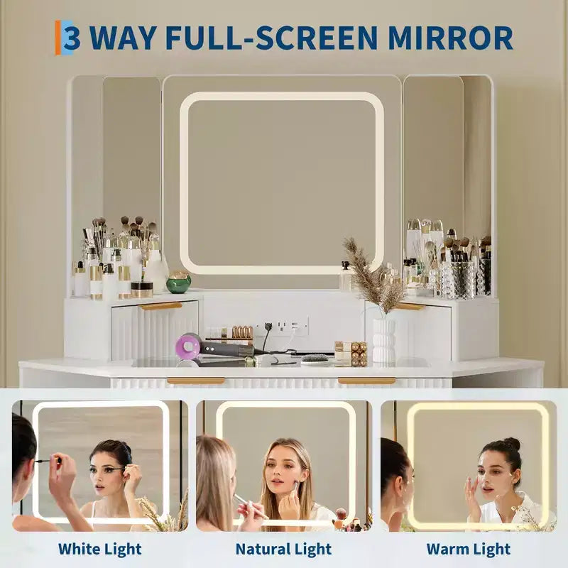 Toeletta angolare con luci, tavolo da toilette in legno da 47 con specchio a tre ante e piano in vetro, con sgabello, per camera da letto