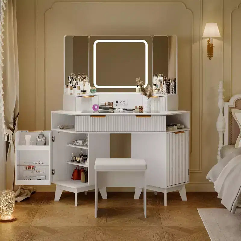 Corner Makeup Vanity Desk with Lights, 47 Wooden Dressing Table with Tri-Fold Mirror & Glass Top, Vanity Table with Stool for Bedroom