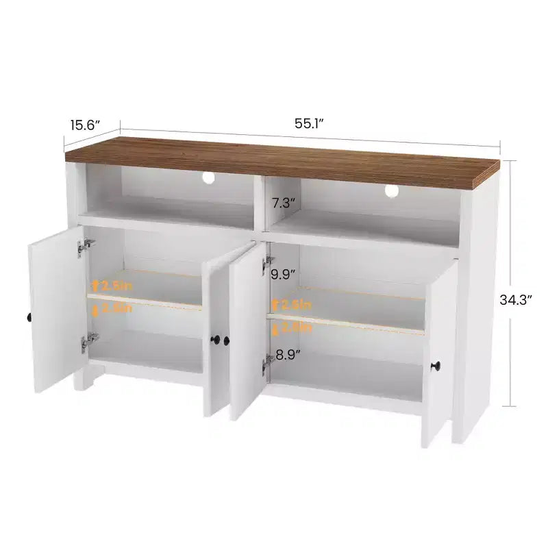Credenza buffet in stile rustico da 55 - Mobile bar in legno a 4 ante con ripiani regolabili, per cucina, sala da pranzo e soggiorno