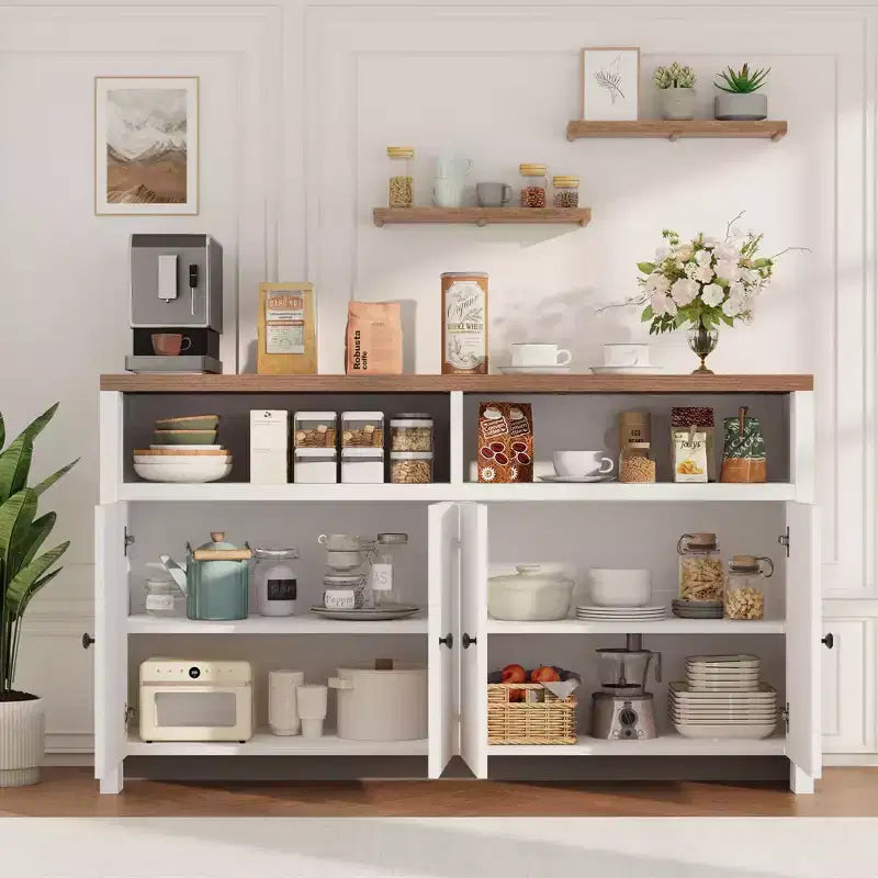 Credenza buffet in stile rustico da 55 - Mobile bar in legno a 4 ante con ripiani regolabili, per cucina, sala da pranzo e soggiorno
