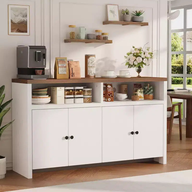 Credenza buffet in stile rustico da 55 - Mobile bar in legno a 4 ante con ripiani regolabili, per cucina, sala da pranzo e soggiorno
