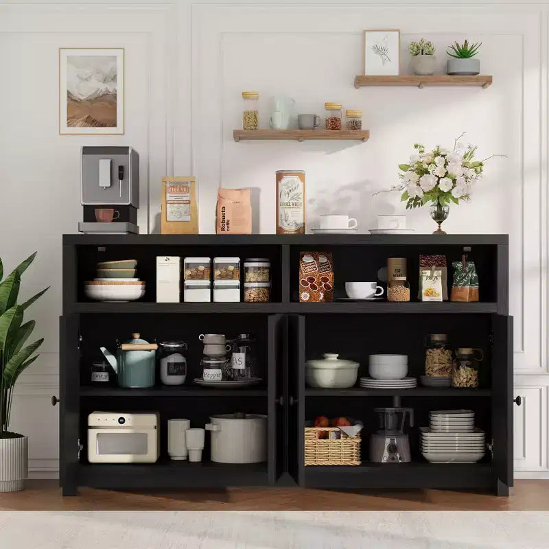 Credenza buffet in stile rustico da 55 - Mobile bar in legno a 4 ante con ripiani regolabili, per cucina, sala da pranzo e soggiorno