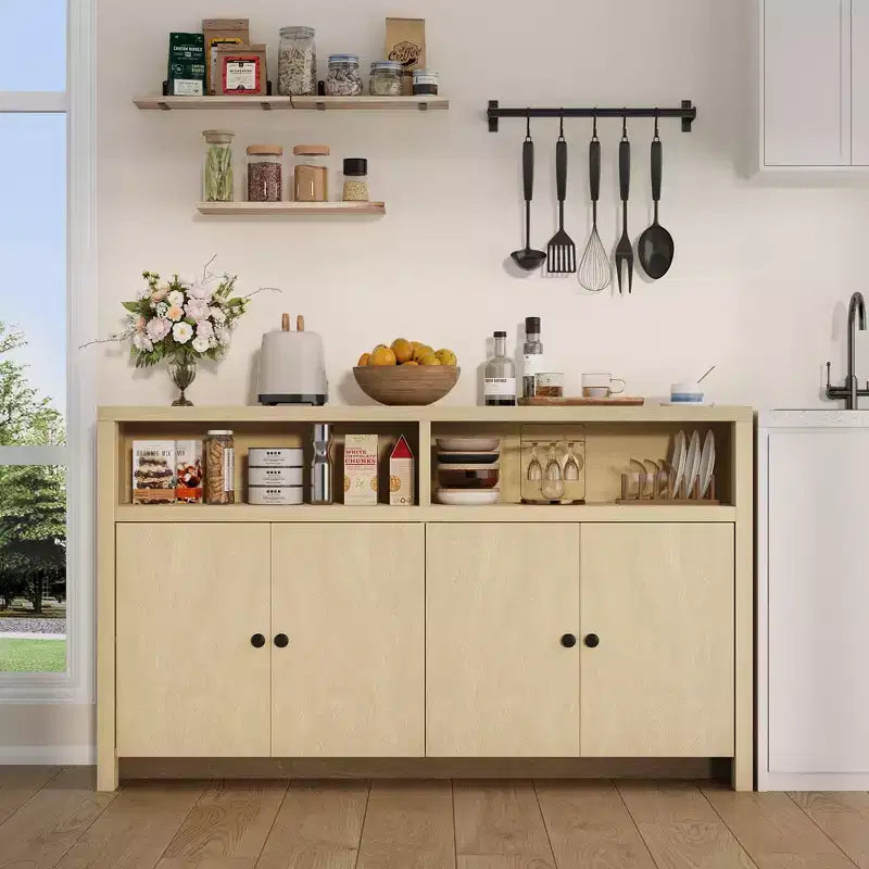 55 Farmhouse Buffet Sideboard - 4-Door Wood Coffee Bar Cabinet w/ Adjustable Shelves for Kitchen, Dining & Living Room Storage