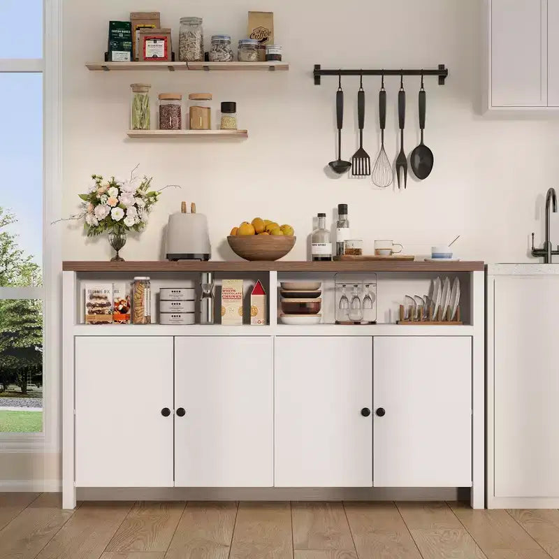 55 Farmhouse Buffet Sideboard - 4-Door Wood Coffee Bar Cabinet w/ Adjustable Shelves for Kitchen, Dining & Living Room Storage