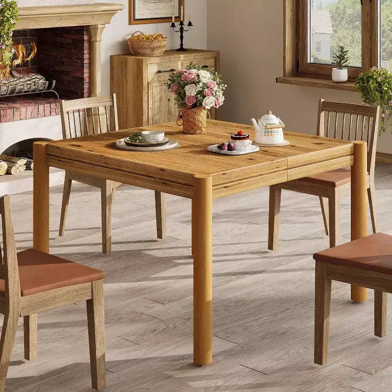 Square Solid Wood Dining Table for 4, Farmhouse Kitchen Table for Dining Room, Kitchen, Living Room, Easy Assembly