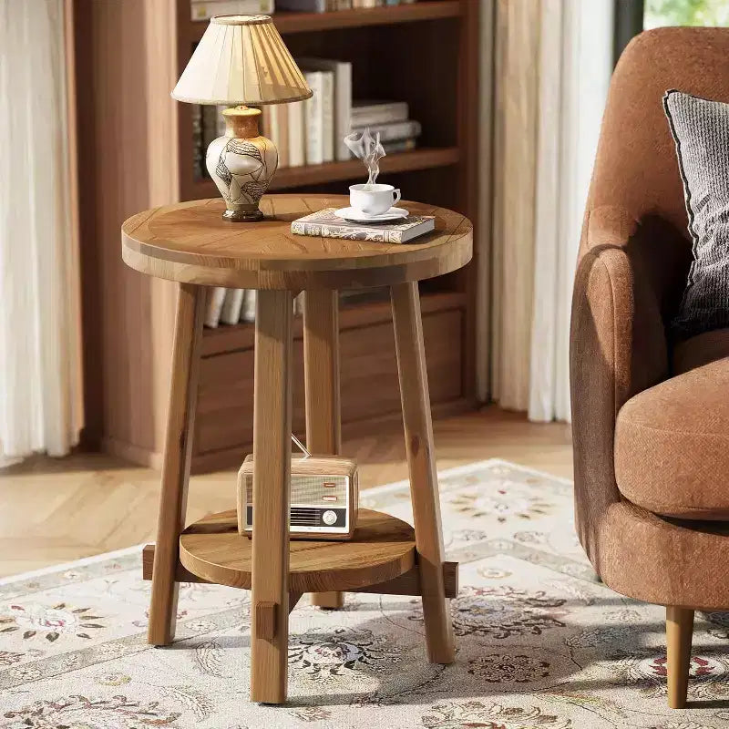 Tavolino in legno massello per soggiorno, tavolino rotondo rustico con ripiano a 2 livelli per piccoli spazi, camera da letto, marrone