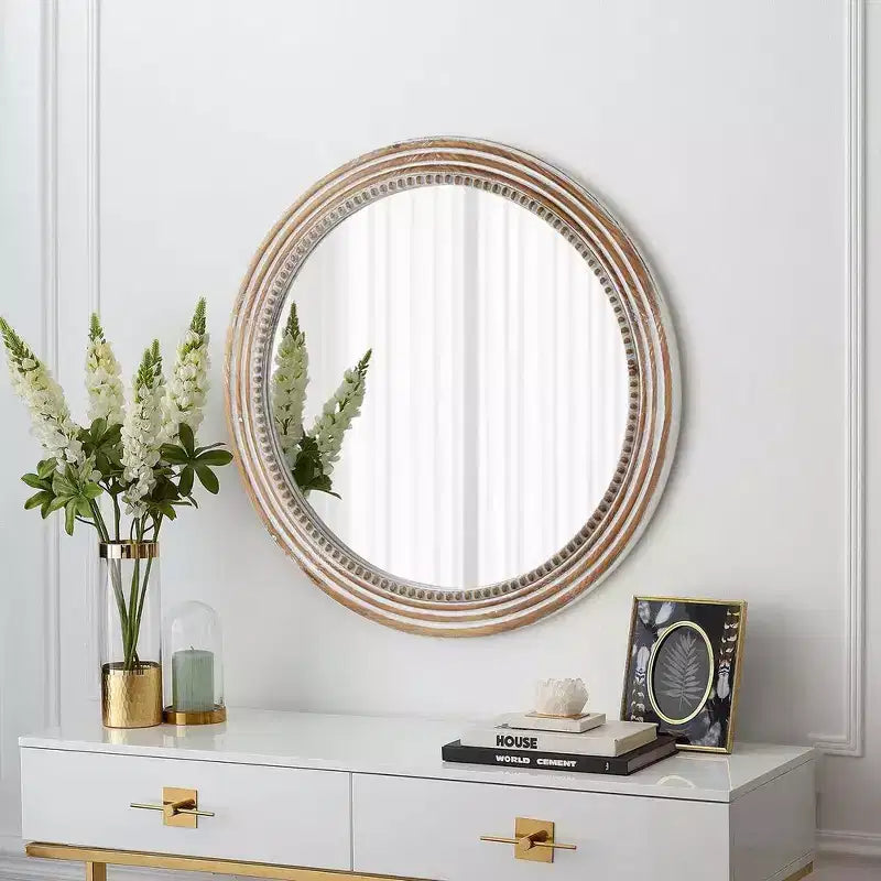Specchio decorativo rotondo da parete in stile rustico, con decorazioni di perline e cornice in legno per la casa - naturale anticato