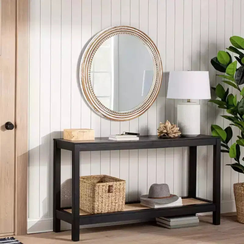 Specchio decorativo rotondo da parete in stile rustico, con decorazioni di perline e cornice in legno per la casa - naturale anticato