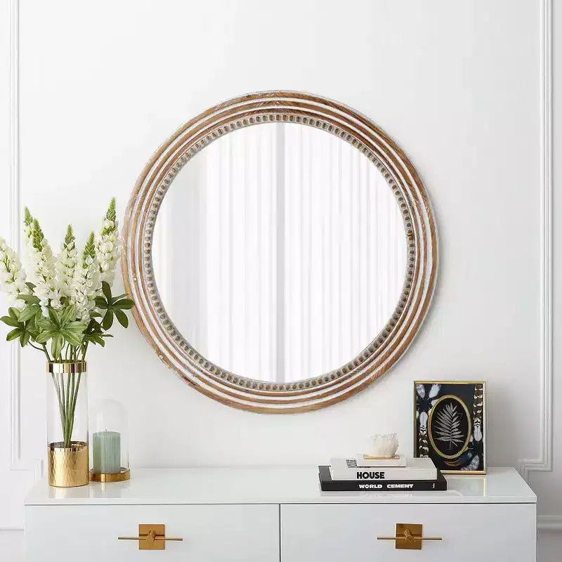 Specchio decorativo rotondo da parete in stile rustico, con decorazioni di perline e cornice in legno per la casa - naturale anticato