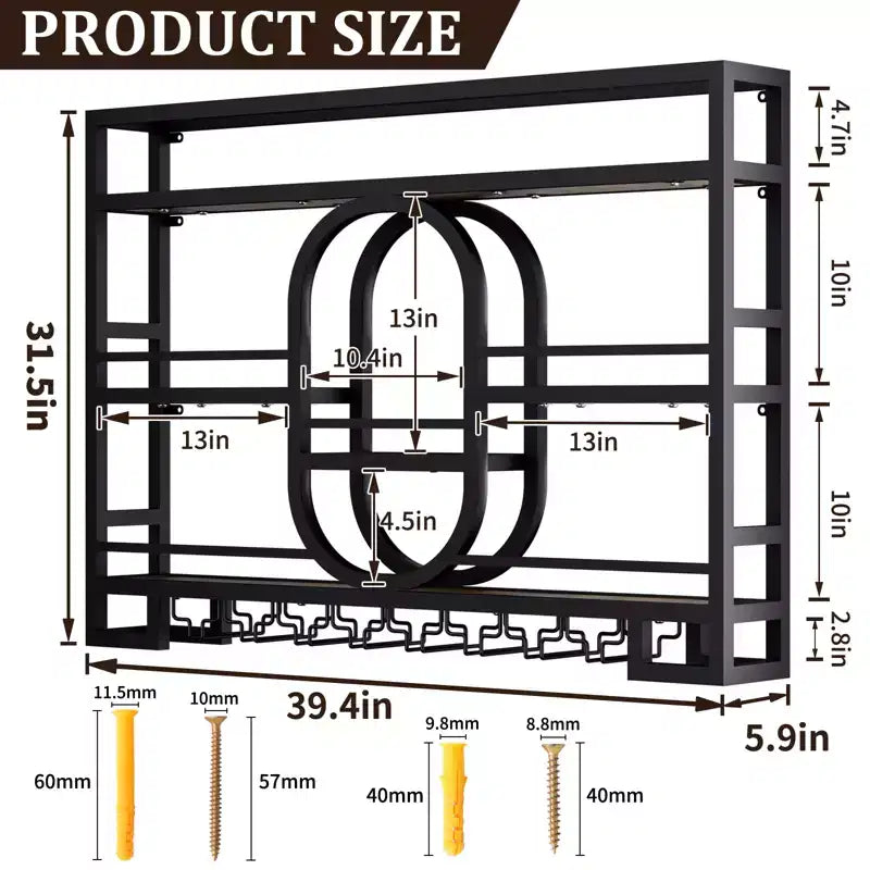 39/47 Wall Mounted Wine Rack, Metal Floating Bar Shelves with Wine Glass Holder, Industrial Liquor Shelf for Home Bar Kitchen Dining